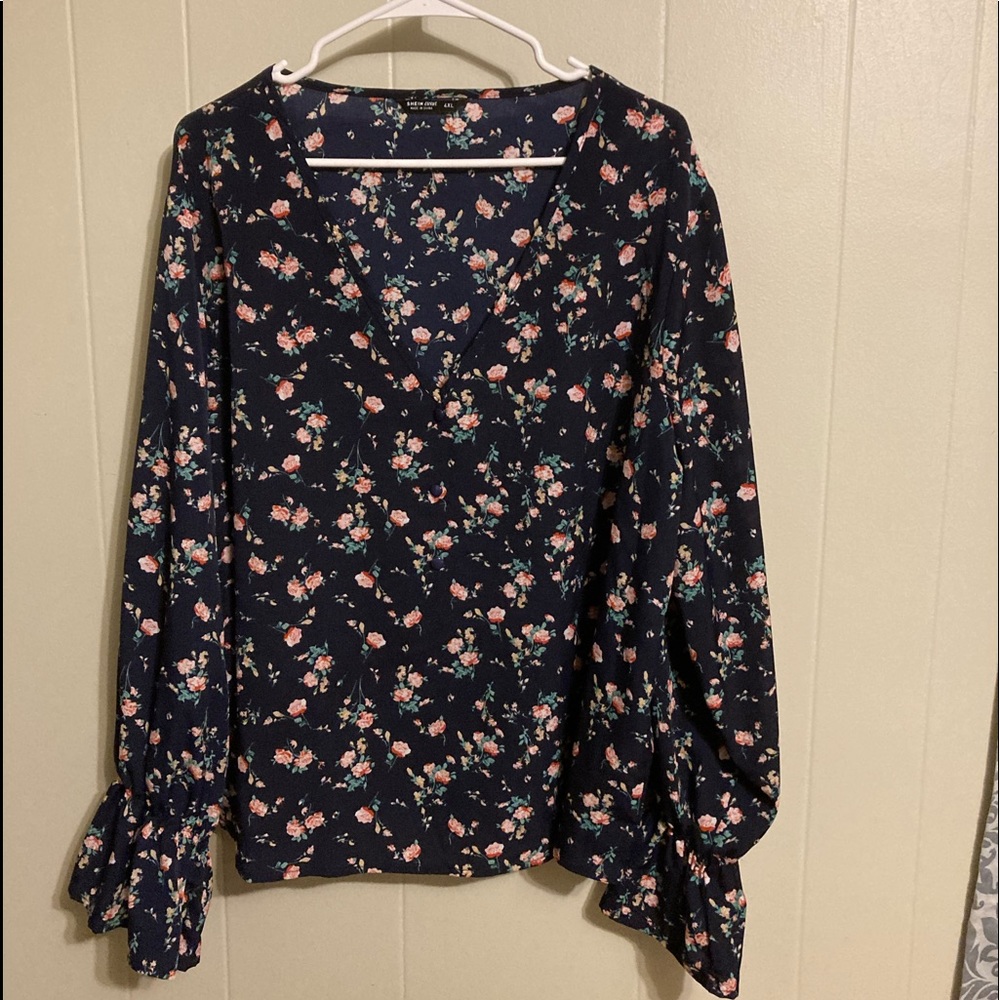 Feminine and Flowy Navy Blue Floral V Neck Blouse